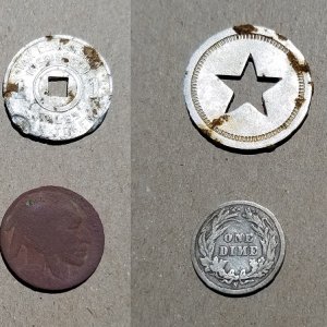 20160403 1897s Barber Dime, sales tax token, unidentified token, and my second buffalo. Found in Madison with the ETRAC.
