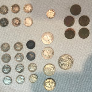 Assorted silver.....12 Mercs 6 Rosie's 1Barber/. 4 Washington quarters, 1 Walking Lib Half and 5 Buff Nickels