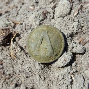 Confederate "Block A" Artillery button.  No back mark, which makes it it a "local" button-made in the confederacy.