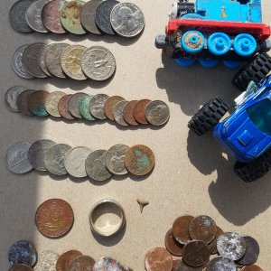 20160705 July 4th weekend totals. A little over $5 in clad, 2 cars, a token, a sharks tooth and a 9.93g white gold ring.