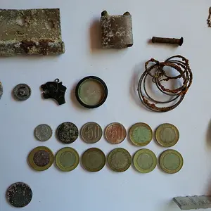 Door hinge, part of a padlock, rivet, kind of an ornament, a button, a cougar shape pendant, bottle cap, rusty earring, different local currency coins