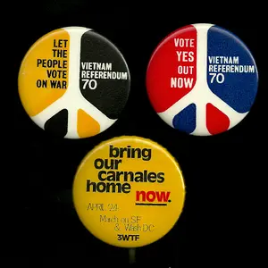Media 'VIETNAM REFERENDUM 70 Cambridge Let the people Vote ftom the spring of 1970 to support getting the vote on the ballot,  Vote Yes Out Now from the fall' in album 'Vietnam Pinback Buttons'
