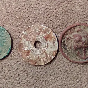 IMAG1608. 1901 Indian head, Ala tax token, Marine Corps button WW2. Found 2016.