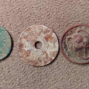 IMAG1608. 1901 Indian head, Ala tax token, Marine Corps button WW2. Found 2016.