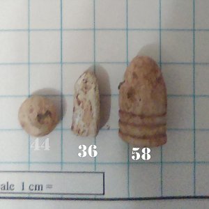 IMAG0969 edited 1. 2 fired bullets and 1 dropped 58 cal bullet. Found 2016.
.