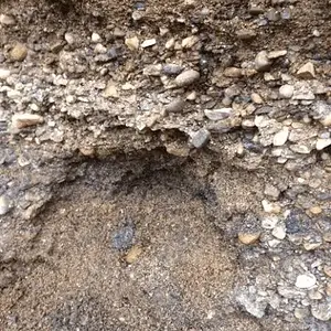 Different layers of glacial material in creek bank.