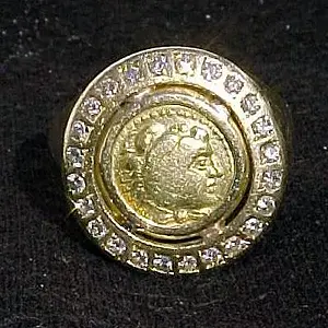 18k 24 diamonds, 22k coin minted in 32BC, Hercules on face, minted during Alexander the Great reign.
