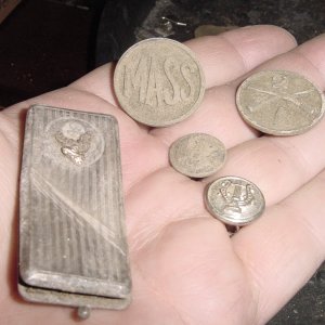FROM A WW I TRAINING CAMP - COLLAR DISCS - BUTTONS AND STERLING ELKS CLUB CARD HOLDER - HAS PAPERS INSIDE DATED 1917