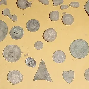THE USUAL FARM FIELD FIELDS - MUSKET BALLS, FLAT BUTTONS, A BRIDAL ROSETTE, FEW COLONIAL COPPERS, A BARBER DIME,BALE SEAL, AND BITS AND PIECES