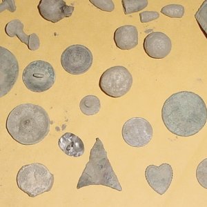 THE USUAL FARM FIELD FIELDS - MUSKET BALLS, FLAT BUTTONS, A BRIDAL ROSETTE, FEW COLONIAL COPPERS, A BARBER DIME,BALE SEAL, AND BITS AND PIECES