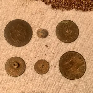 Finds for March 26. LC, 2 flatbuttons, Navy button, and 1837 Hard times "Millions for Defense" token