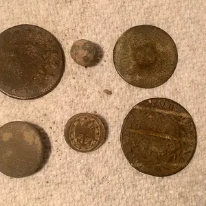 Finds for March 26. LC, 2 flatbuttons, Navy button, and 1837 Hard times "Millions for Defense" token