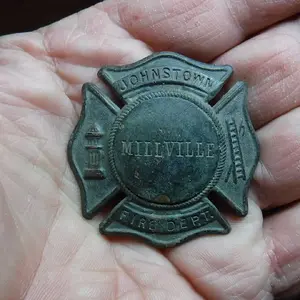 DSCF5233- Johnstown Millville Fire Dept. Badge  Around 1889 Before Flood. Pin in Back still attached.