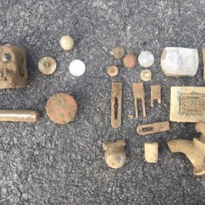 Jeff and I's finds 11-14. Jeff's are on the left, he found a 1910 barber dime, an ornate silver plated button, and a few other things. I got a 1902 ba