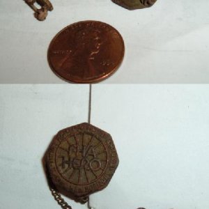 FHA Hero Pin - I found this at the old church I've been hunting. I was amazed that both pieces were still attached by the little chain. The penny in t
