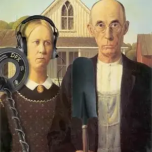 American Gothic detecting couple - Just as it should be...she beeps..he digs.  This picture was made by djabend....bends.