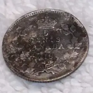 1918 Silver Nickel - This was a surface find at the base of an old tree, likely surfaced due to erosion. Found at Lakeview Park, Oshawa ON.