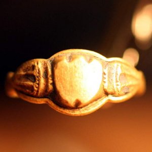 Colonial Gold Shield Ring - Not sure about the date for this, I'm guessing 1600-1750. A beautiful find. it is constructed of 2 pieces, the ring, and t