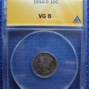 1916-D merc dime slabbed and graded VG08 - My 1916-D merc dime that I dug on 8-27-11, just got it back from ANACS and it graded VG08, absolutely a dre