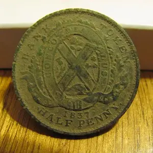 1837 Half Penny Canadian Bank Token. Back side. Before cleaning.