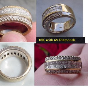 DIAMOND RING WITH 68 DIAMONDS - 36 SMALL ROUND - 32 SQUARE CUT - FOUND IN FLORIDA WATERS - 18K 
(CZ21)
