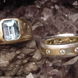 2 LARGE GOLD RINGS FROM A CAPE COD TRIP IN 2003 - RING WITH DIAMONDS IS PLATINUM & 18K GOLD