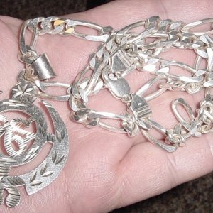 HUGE SILVER CHAIN & PENDANT FOUND AT A SALTWATER BEACH - 2011
LITTLE OVER 2.5 OZS OF SILVER