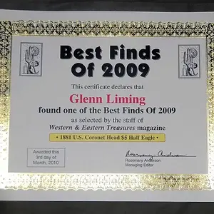 Certificate for Gold Coin found in 5/09.