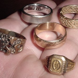 JUNE 24TH & 25TH 
SALTWATER HUNTING WITH WHYDAH ON CAPE COD - 
18K WHITE GOLD 
14K YELLOW GOLD BAND 
1926 10K GOLD CLASS RING
10K GOLD NUGGET RING 
14