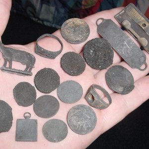 SEPT 17TH DEEP WATER CT. BEACH HUNT FINDS -CRACKER JACK COW PRIZE - SOME SILVER COINS AND A FEW OTHER SILVER ITEMS IN THERE