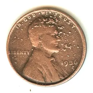 1936, Lincoln frontal lobe explosion wheetie wheat cent mint error.