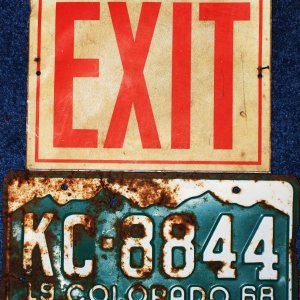 IMG 2232 An Exit and Colorado(1968) plate.  Found very close to one another.  I thought it was cool.  The Exit sign still glows when the lights go out