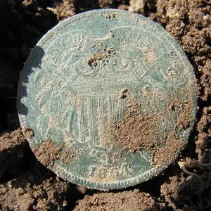 1864 2-cent piece fresh from the dirt. May 2013.