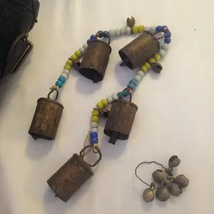 Copper/Bronze primitive bells & glass trade beads presumably Chinese in origin