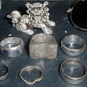 RINGS FROM TRIP - 10K WITH SMALL DIAMOND CHIPS - 925/10K BAND - LARGE SIL.RING 950 - SIL.RING WITH BLUE LAPIS 950 - STAINLESS SPINNER - 18K GF WITH CZ