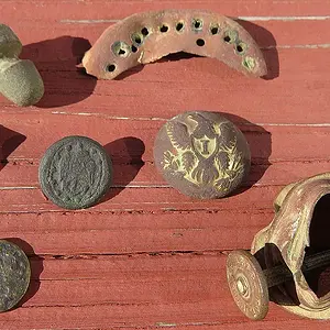Camp items. The wick adjuster is dated 1863.