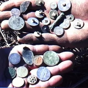 N.H. FARM FIELD HUNT - FRIEND PAUL'S HAND IS THE ONE ON TOP - MINE IS THE BOTTOM - SITE HAD A TAVERN ON IT - WE'VE DONE GOOD HERE FOR YEARS