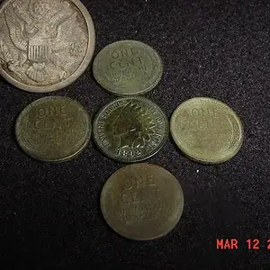 A big US overcoat button, an Indian, and 4 Wheaties found in Hesperia, MI. The button is actually made of PLASTIC...I found it because my machine pick