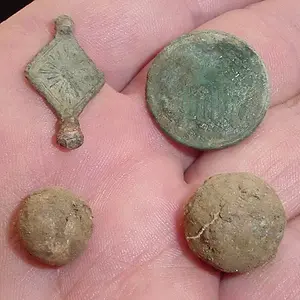APR.3RD FARM FIELD KEEPERS - OLD WATCH KEY - 1864 2 CENT PIECE - 2 MUSKET BALLS 
(XLT)