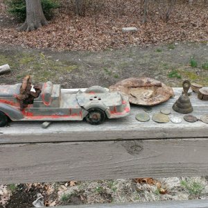 Caleb Smith April 2014. Piece NY plate, 40's Fire Dept truck, Ash Tray (Richy's Car Service Brooklyn NY), 2 Clad Quarters (1 ran over by train), 1943 