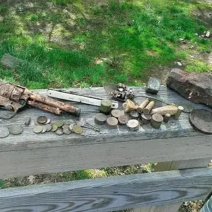 next to yard finds 5/17/14 Hubley Texan Jr 50's, mini hubley 60's, Boar's Head 5" pocket knife, Silver plated spoon, lots of lead, lots of clad, 10 pa