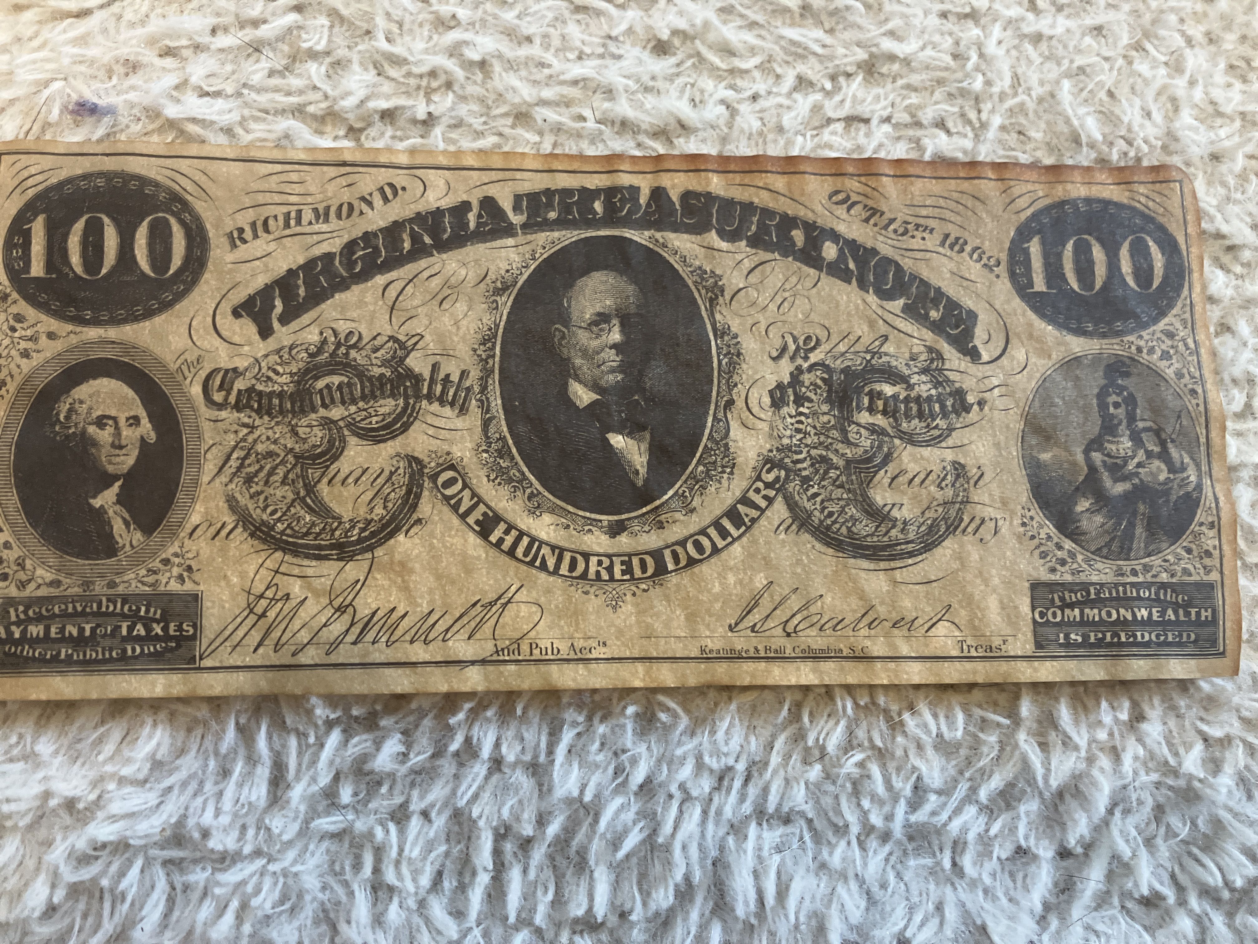 100 dollar Virginia 1862