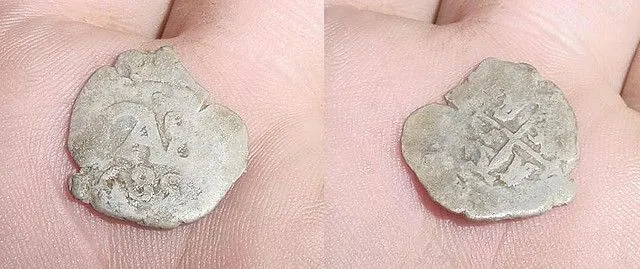1685 SPANISH COB - FOUND IN OLD FARM FARM FIELD THAT WAS SITE OF A COLONIAL FORT