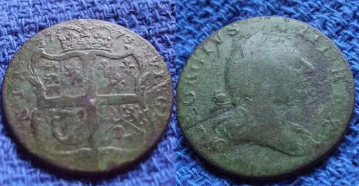 1773 Virginia Halfpenny - found at an old farm in NW Ohio, made the banner as well
