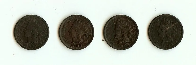 1890, 1902, 1903, and 1888 Indian Head Cents
