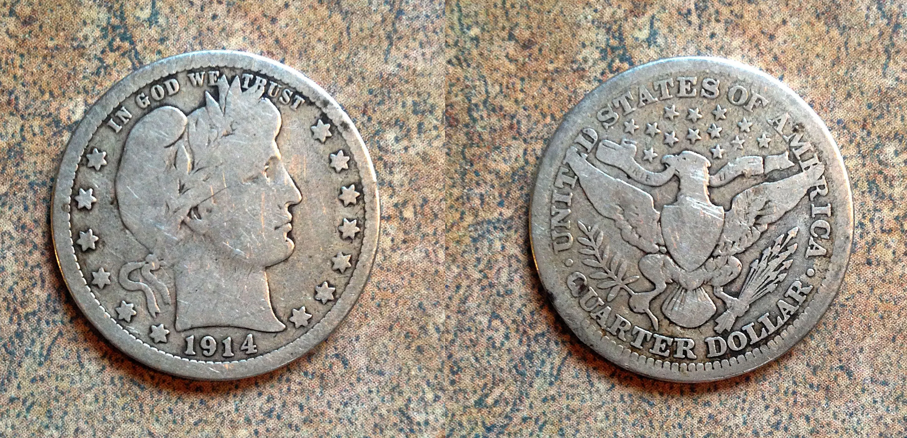 1914 Barber Quarter found in an old athletic field.