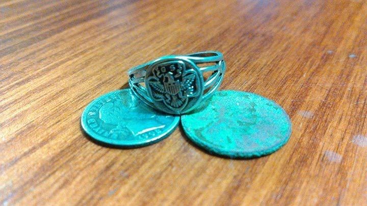 1930's Sterling Girl Scout ring, 1902 Barber Dime, and a 1946 wheat