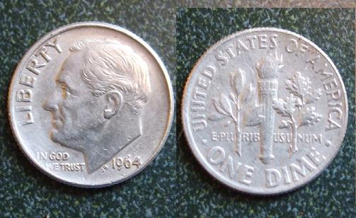 1964 dime - This is my first silver coin find since I started metal detecting. Found it on a highschool football field.