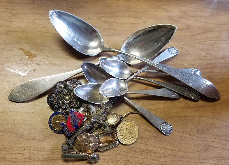 19th Century silver spoons and other knickknacks.