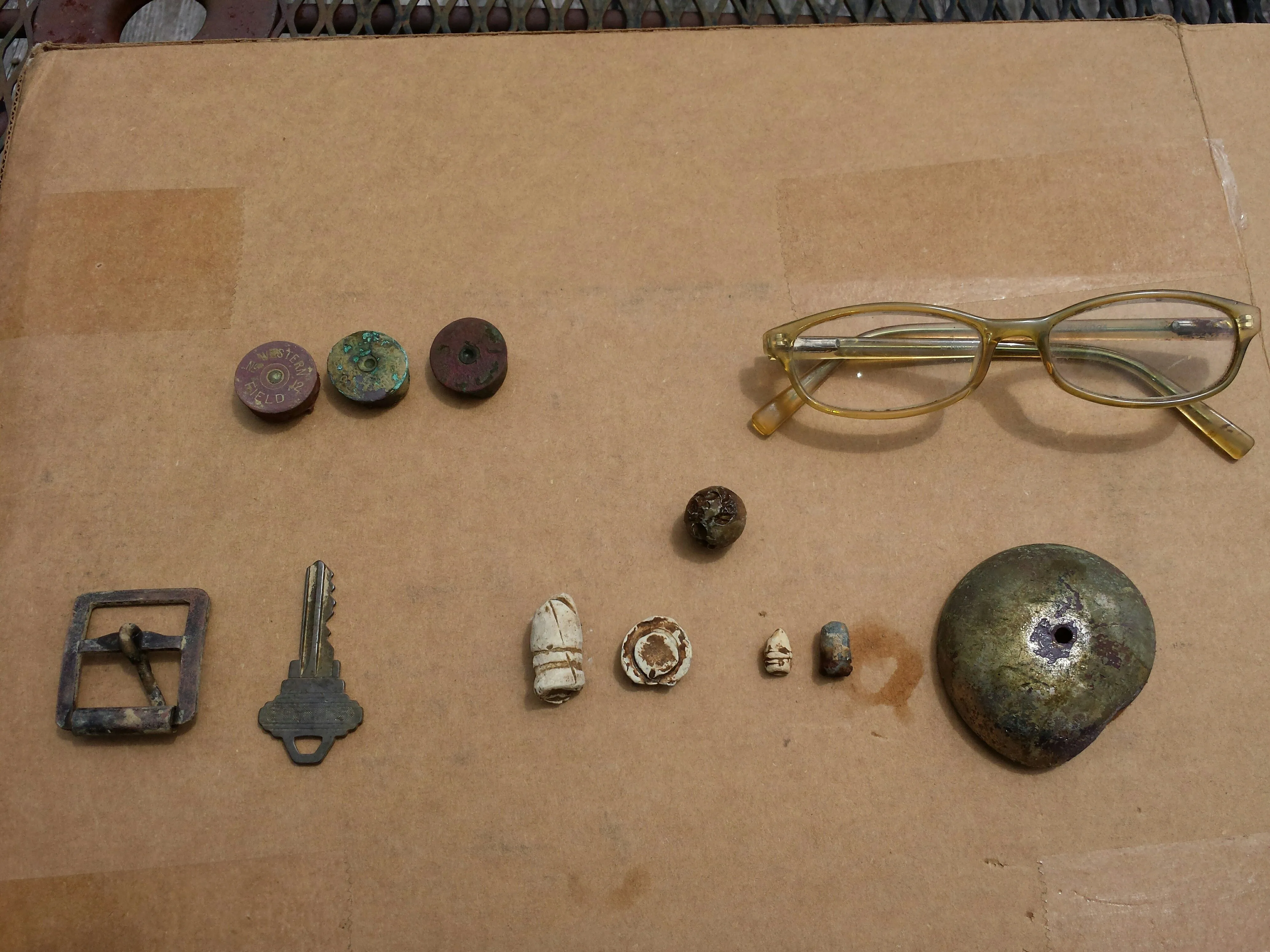 20150822 Collection of relics found where a Civil War Confederate hospital used to be. Included are my first 2 Ringer, a smashed minie ball, a CW pist